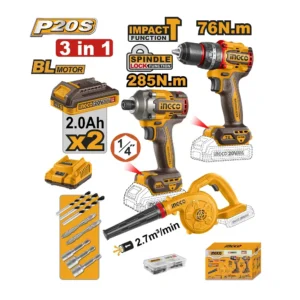 Akumulatorski set, bušilica 76NM, udarni odvijač 285NM i duvač, COSLI250182E Ingco